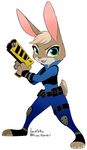  bano_akira canine clothed clothing disney duo female fox holding_object holding_weapon judy_hopps lagomorph looking_at_viewer male mammal nick_wilde police_uniform rabbit ranged_weapon simple_background taser uniform weapon white_background zootopia 