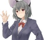  \||/ alternate_costume animal_ears bangs black_jacket blazer blush bow bowtie buttons closed_mouth collared_shirt eyebrows eyebrows_visible_through_hair formal grey_hair jacket long_sleeves looking_at_viewer mouse_ears nazrin netamaru red_bow red_eyes red_neckwear serious shirt short_hair simple_background solo suit sweatdrop touhou upper_body white_background white_shirt wing_collar 