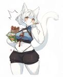 2024 absurd_res anthro blush bottomwear chips_(food) clothing domestic_cat eating eating_food felid feline felis female food fur hair hi_res kawarage_yatano looking_at_viewer mammal shorts simple_background solo tail topwear white_body white_fur yellow_eyes