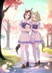  2girls air_groove_(umamusume) air_messiah_(umamusume) animal_ears arm_hug blurry bokeh bow bowtie breasts brown_footwear brown_hair cherry_blossoms clipboard depth_of_field ear_ornament full_body glasses green_hair grey_eyes holding holding_clipboard horse_ears horse_girl horse_tail loafers looking_at_another medium_breasts multiple_girls open_mouth outdoors petals petticoat puffy_short_sleeves puffy_sleeves purple_eyes purple_shirt romi_(346_ura) sailor_collar shirt shoes short_hair short_sleeves skirt small_breasts smile tail thighhighs tree umamusume walking white_skirt white_thighhighs 