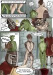anthro argonian armor baroque_(artist) bethesda_softworks blood bodily_fluids bound breasts chopping_block comic decapitation deeja execution female genitals gore green_body green_scales group guard headgear hi_res human imminent_death jaree-ra male mammal microsoft multicolored_body multicolored_scales nude penis punishment restrained restraints rope scales scalie shield skyrim snuff speech_bubble stairs text the_elder_scrolls walking wrists_tied