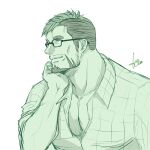  1boy bara black_hair collared_shirt elbow_rest facial_hair glasses goatee green_eyes green_hair green_theme highres hio_tksr05 live_a_hero looking_ahead male_focus mature_male multicolored_hair muscular muscular_male pectoral_cleavage pectorals shirt short_hair sideburns_stubble smile solo stubble tadakono_okitaka_(live_a_hero) tsurime two-tone_hair unfinished upper_body 