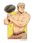  1boy :t artist_logo artist_name backpack bag bara blonde_hair brown_bag brown_pants closed_mouth dungeon_meshi english_commentary food food_on_face frying_pan hands_up highres holding holding_frying_pan laios_touden male_focus orange_eyes pants short_hair solo toned toned_male topless_male undercut very_short_hair yeiko_art 
