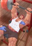  1boy armpit_hair armpits bara barbell beard bench_press black_male_underwear boxers crotch_grab dark-skinned_male dark_skin disembodied_limb exercising facial_hair fate/zero fate_(series) from_above full_beard genta_iwayama highres iskandar_(fate) large_pectorals lying male_focus male_underwear mature_male muscular muscular_male nipple_stimulation nipple_tweak on_back pectorals red_eyes red_hair see-through short_hair sweat sweaty_clothes tank_top thick_beard thick_navel_hair underwear veins veiny_arms very_sweaty weightlifting white_tank_top yaoi 