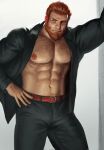  1boy abs bara bare_pectorals beard bulge cowboy_shot dark-skinned_male dark_skin facial_hair fate/zero fate_(series) full_beard highres iskandar_(fate) jacket large_pectorals light_smile looking_to_the_side male_focus mature_male muscular muscular_male navel nipples no_shirt old old_man pectorals realistic red_eyes red_hair short_hair solidbone solo standing stomach suit_jacket thick_beard thick_thighs thighs wrinkled_skin 