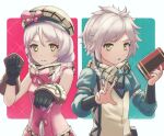  1boy 1girl black_gloves blonde_hair book braid brother_and_sister brown_scarf clanne_(fire_emblem) eyeliner fire_emblem fire_emblem_engage flannel framme_(fire_emblem) gloves green_hair holding holding_book makeup miraioranji multicolored_hair pink_eyeliner pink_hair plaid_headwear scarf siblings split-color_hair two-tone_hair wrist_guards yellow_eyes 