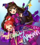  2girls :d bad_id bad_twitter_id belt blue_background blue_belt blue_eyes blue_gloves brown_hair character_name closed_eyes collared_dress demon_horns dress gambe gloves happy_birthday hat horns idol_clothes kurosu_aroma long_hair looking_at_viewer mini_hat mini_witch_hat multiple_girls open_mouth paprika_private_academy_school_uniform pointing pointing_at_viewer ponytail pretty_series pripara purple_dress red_hair school_uniform shiratama_mikan smile sparkle standing witch_hat 