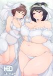  2girls artist_name black_hair blush breasts brown_hair cleavage closed_mouth commission dress elbow_gloves eye_contact fat feet_out_of_frame gloves hair_between_eyes heo_(tkgm) highres holding_hands huge_breasts looking_at_another lying medium_breasts medium_hair multiple_girls navel original pink_eyes second-party_source size_difference skeb_commission split_mouth thick_arms thick_thighs thighs translation_request white_dress white_gloves yellow_eyes 