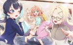  3girls :d ;d ^_^ aqua_eyes bedroom blanket blonde_hair blue_eyes blue_hair blue_ribbon blue_shirt blue_sweater blurry brown-framed_eyewear brown_jacket brown_shorts closed_eyes commentary_request crossed_bangs dark_blue_hair fang feathers glasses hair_down hair_ornament hair_ribbon hairclip hinoshita_kaho holding holding_pillow indoors jacket kyaku_tasu link!_like!_love_live! long_hair long_sleeves looking_at_another loungewear love_live! low_twintails medium_hair midriff_peek multiple_girls murano_sayaka official_alternate_costume on_bed one_eye_closed open_clothes open_jacket orange_hair osawa_rurino picture_frame pillow pillow_fight rabbit_hair_ornament ribbon shirt shorts smile sparkle sweater teeth twintails two_side_up upper_teeth_only v-shaped_eyebrows virtual_youtuber 