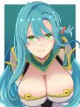  1girl absurdres aqua_hair bow braid breasts chloe_(fire_emblem) cleavage closed_mouth fire_emblem fire_emblem_engage green_eyes highres large_breasts light_smile long_hair mgnk33 orange_bow side_braid solo teardrop_earrings 