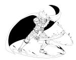 2017 black_and_white cape clothing digital_drawing_(artwork) digital_media_(artwork) elemental_creature elemental_humanoid fire fire_creature fire_humanoid fire_trail flaming_hair grillby humanoid knight knight_armor line_art male medieval medieval_armor medieval_fantasy melee_weapon mnstrcndy monochrome pseudo_hair solo sword undertale undertale_(series) warrior weapon