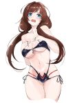  1girl bikini black_bikini blue_eyes breasts brown_hair cosplay covering_breasts covering_privates embarrassed granblue_fantasy hair_ornament hairclip large_breasts long_hair looking_at_viewer low_twintails magus_(granblue_fantasy) magus_(granblue_fantasy)_(cosplay) multi-strapped_bikini_bottom navel open_mouth pdbgat raziel_(granblue_fantasy) side-tie_bikini_bottom swimsuit twintails untied_bikini_top white_background 