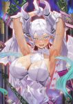  1girl armpits breasts cleavage demon_girl demon_horns demon_wings dress duel_monster gloves grey_eyes highres horns large_breasts looking_at_viewer lovely_labrynth_of_the_silver_castle low_wings pointy_ears sayaka_ikku smile solo tears twintails white_hair white_horns wings yu-gi-oh! 