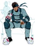  2boys absurdres bandana beard belt black_bandana black_socks brown_hair couch cranity cup facial_hair glasses hello_kitty_(character) highres holding holding_cup holding_phone male_focus metal_gear_(series) metal_gear_solid multiple_boys open_mouth phone photo-referenced scar scar_on_face sitting socks solid_snake spread_legs 