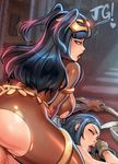  2girls ass black_hair blue_eyes breasts cropped family female fire_emblem green_eyes large_breasts long_hair mother_and_daughter multiple_girls noire_(fire_emblem) open_mouth reiq sideboob tharja tongue tongue_out 
