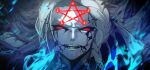  1boy alessandro_di_cagliostro_(fate) beard blue_fire braid cracked_skin facial_hair facial_mark fangs fate/grand_order fate_(series) fire game_cg grey_hair long_hair looking_at_viewer male_focus official_art pentagram red_eyes 