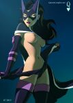  1girl 2019 absurdres artist_logo artist_name birds_of_prey black_hair bodysuit breasts cape dated dc_comics domino_mask helena_bertinelli highres huntress_(dc) justice_league large_breasts lipstick looking_to_the_side makeup mask medium_hair multicolored_bodysuit multicolored_clothes navel nipples partially_undressed purple_lips queen_complex simple_background skinny solo stomach superhero_costume thick_thighs thighs undressing web_address wide_hips 