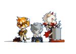  2boys absurdres animal animal_ears arknights bear_boy bear_ears chibi closed_eyes colored_tips cooking cooking_pot english_commentary furry furry_female furry_male highres holding holding_animal holding_knife holding_ladle holding_plate horns hung_(arknights) jaye_(arknights) knife komainu_boy komainu_ears komainu_tail kou_zhua ladle male_focus multicolored_hair multiple_boys originium_slug_(arknights) plate profile round_eyewear single_horn tail tiger_ears tiger_girl tiger_stripes tiger_tail waai_fu_(arknights) white_background 