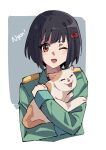  1girl ;d absurdres animal black_hair bow cat hair_bow hibike!_euphonium highres hisaishi_kanade holding holding_animal holding_cat masruu one_eye_closed red_eyes school_uniform short_hair smile 