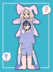  ! 1boy 1girl ? akamatsu_kaede alternate_costume animal_ear_footwear animal_hood aqua_background black_hair black_outline blonde_hair blue_footwear blue_shorts blue_sleeves blue_socks blue_sweater blush_stickers cat_hood collarbone commentary_request danganronpa_(series) danganronpa_v3:_killing_harmony denim denim_shorts floppy_ears full_body hair_between_eyes hair_ornament hands_on_another&#039;s_ears highres hood hood_up hooded_sweater jacket kneehighs kneeling knees long_hair long_sleeves looking_at_viewer midriff_peek musical_note musical_note_hair_ornament nervous_smile open_clothes open_jacket open_mouth outline pink_eyes pink_jacket pink_sleeves pink_socks rabbit_hood romeo_(gas_rm) saihara_shuichi short_hair shorts simple_background slippers smile socks spoken_exclamation_mark spoken_question_mark straight-on sweatdrop sweater sweater_jacket thighhighs v-shaped_eyebrows yellow_eyes 