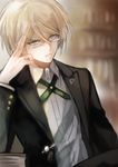  blonde_hair blue_eyes blurry book chiko_(d04099) crossed_legs danganronpa danganronpa_1 depth_of_field glasses looking_at_viewer male_focus sitting solo togami_byakuya white-framed_eyewear 