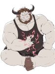2024 3_fingers anthro beard bearwivme biceps bottomwear bovid bovine brown_hair cattle clothing facial_hair fingers fist forearm_muscles green_blue_eyes grin hair hi_res hooves horn looking_at_viewer magic male mammal manly muscular muscular_legs pecs shirt shorts simple_background sitting smile solo tank_top topwear triceps white_background