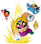  1boy absurdres cleft_chin facial_hair flying_sweatdrops gloves green_footwear grin hat highres motion_lines mustache official_art overalls pointy_ears punching purple_overalls shirt smile third-party_source wario wario_land wario_land:_shake_it! white_gloves yellow_eyes yellow_hat yellow_shirt 