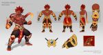  1boy armor bara barefoot concept_art dark-skinned_male dark_skin fingerless_gloves gloves gold_armor highres jewelry long_hair multicolored_hair muscular muscular_male necklace pointy_ears ravana_(smite) red_hair reference_sheet smite spiked_hair thick_thighs thighhighs thighs toeless_legwear toes tooth_necklace weapon_focus xelgot 