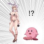  !? 1girl ^^^ animal_ears bikini black_bikini black_footwear blue_bow bow breasts censored cleavage closed_mouth commentary_request crossover emphasis_lines full_body grey_hair hair_bow high_heels highres holding_dice kaavi kirby kirby_(series) large_breasts long_hair looking_to_the_side mahjong_soul mosaic_censoring penis pun rabbit_ears rabbit_girl simple_background surprised sweatdrop swimsuit tataeroero what white_background 