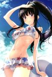  1girl bikini bikini_skirt black_hair blush breasts closed_mouth floral_bikini floral_print highres innertube inoue_takina izumi_mahiru large_breasts long_hair looking_at_viewer lycoris_recoil navel non-web_source outdoors ponytail purple_eyes sky smile solo swim_ring swimsuit 