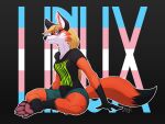 4:3 abstract_background anthro canid canine clothing eyewear fluffy fluffy_tail fox glasses hair hi_res lgbt_pride linux looking_at_viewer low-angle_view magpi mammal pawpads pride_colors sitting smile solo tail transgender_pride_colors xenia_(linux)