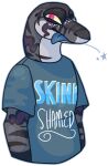 2017 alpha_channel anthro blue-tongued_skink blue_clothing blue_outline blue_shirt blue_text blue_tongue blue_topwear cel_shading clothed clothing digital_drawing_(artwork) digital_media_(artwork) grey_body grey_scales half-length_portrait handwritten_text jaspering lizard male markings narrowed_eyes outline pink_eyes portrait pupils purple_markings reptile scales scalie shaded shirt simple_background skink slit_pupils snout solo striped_body striped_scales stripes text text_on_clothing text_on_shirt text_on_topwear tongue tongue_out topwear transparent_background white_text yellow_sclera