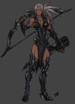  1girl absurdres arm_tattoo armor arrow_(projectile) black_nails bow_(weapon) breasts chest_tattoo collarbone commentary dark-skinned_female dark_elf dark_skin drill_(emilio) earrings elbow_gloves elf fingerless_gloves full_body gloves grey_background grey_hair half-closed_eyes high_heels highres holding holding_bow_(weapon) holding_weapon jewelry long_hair long_pointy_ears looking_at_viewer medium_breasts muscular muscular_female nail_polish neck_tattoo neytharone_(drill_(emilio)) original parted_lips pointy_ears ponytail quiver red_eyes simple_background smile solo standing tattoo weapon 