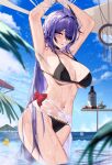  1girl absurdres acheron_(honkai:_star_rail) armpits arms_up bikini black_bikini black_choker blue_sky bow breasts choker cloud commentary_request day hair_intakes highres honkai:_star_rail honkai_(series) large_breasts long_hair looking_at_viewer navel_piercing piercing pool purple_eyes purple_hair red_bow rubber_duck sky smile solo stomach swimsuit very_long_hair wading water yiran 
