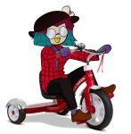  1girl aqua_hair black_hat black_pants brown_footwear full_body glasses hat highres long_sleeves opaque_glasses open_mouth pants plaid plaid_shirt red_hair red_shirt riding_tricycle shadow shirt shoes simple_background smile solo splatoon_(series) splatoon_3 tosh_(splatoon) tricycle tripledip white_background 