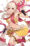 1girl armpits barefoot bracelet breasts cleavage corrin_(female)_(fire_emblem) corrin_(fire_emblem) cosplay dancing earrings fingerless_gloves fire_emblem fire_emblem:_thracia_776 fire_emblem_fates gloves grey_hair hair_ribbon haru_(nakajou-28) highres jewelry lara_(fire_emblem) lara_(fire_emblem)_(cosplay) long_hair looking_at_viewer medium_breasts midriff miniskirt open_mouth pointy_ears ponytail red_eyes ribbon sideboob simple_background skirt smile white_background 