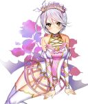  1girl arm_support bad_id bad_twitter_id bare_shoulders breasts cleavage closed_mouth demon_wings detached_sleeves embarrassed gambe gold_trim green_eyes grey_hair hair_between_eyes looking_at_viewer low_wings medium_breasts no_pants pretty_series pripara shikyoin_hibiki shirt short_hair signature sitting solo sweatdrop white_background white_shirt wings 