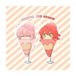  2girls blush bocchi_the_rock! border chibi chibi_only closed_eyes closed_mouth commentary_request cube_hair_ornament english_text flower food gotoh_hitori hair_ornament ice_cream ice_cream_cone ice_cream_stand in_food kita_ikuyo long_hair looking_at_viewer mini_person minigirl multiple_girls one_side_up pink_hair rebecca_(keinelove) red_hair sparkle striped_background white_border yellow_eyes 