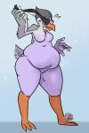 after_vore anthro avian avian_feet beak blush bodily_fluids breasts eclairscollection eye_mask female hi_res solo sweat sweatdrop vore weight_gain