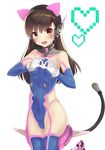  :d adapted_costume animal_ears animal_print bangs bare_shoulders black_hair blue_legwear blue_leotard blush bracer breasts brown_eyes bunny_print cat_ear_headphones cat_ears covered_navel cowboy_shot d.va_(overwatch) elbow_gloves eyebrows eyebrows_visible_through_hair facepaint facial_mark fake_animal_ears fake_tail garter_straps gloves halterneck happy headphones heart heart_hands highleg highleg_leotard kemonomimi_mode leg_lift legs_together leotard long_hair looking_at_viewer mechanical_tail open_mouth overwatch parutoneru pilot_suit pixelated ribbed_leotard side_cutout simple_background skindentation sleeveless small_breasts smile solo standing standing_on_one_leg tail thighhighs turtleneck whisker_markings white_background white_gloves 