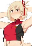  1girl 1other armpits arms_behind_head blonde_hair blush bob_cut commentary_request cropped_shirt furrowed_brow hair_ribbon highres index_finger_raised looking_at_viewer lycoris_recoil nervous nishikigi_chisato nose_blush pov red_eyes red_ribbon red_shirt ribbon sakura_1110ssmm shirt short_hair sleeveless sleeveless_shirt sweat upper_body 