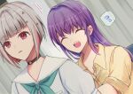  2girls ^_^ aqua_neckerchief behind_another black_choker blush bob_cut choker closed_eyes collared_shirt colored_inner_hair commentary_request curtains d: diagonal_bangs dress dutch_angle flying_sweatdrops frown grey_hair hair_down hair_ornament hasu_no_sora_school_uniform hzk inverted_bob link!_like!_love_live! long_hair love_live! motion_lines multicolored_hair multiple_girls neckerchief nervous_smile o-ring o-ring_choker open_mouth otomune_kozue purple_hair pushing red_hair sailor_collar scene_reference school_uniform shirt short_hair short_sleeves sidelocks sleeves_rolled_up smile speech_bubble spoken_flying_sweatdrops star_(symbol) star_hair_ornament streaked_hair summer_uniform sweatdrop virtual_youtuber white_dress white_sailor_collar yellow_shirt yugiri_tsuzuri 