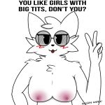 1:1 anthro big_breasts blep blista_kanjo blush blush_lines boy_kisser_(meme) breasts domestic_cat english_text eyewear felid feline felis female fur glasses hi_res looking_at_viewer mammal meme nipples nude pose signature silly_cat_(mauzymice) simple_background solo text tongue tongue_out watermark white_body white_fur