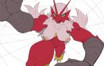 abs absurd_res anthro blaziken blue_eyes breasts female fur generation_3_pokemon hi_res looking_at_viewer nintendo pokemon pokemon_(species) red_body red_fur rolling_beast solo white_body white_fur yellow_body yellow_fur yellow_sclera
