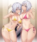  2girls bikini breasts cleavage collarbone commentary_request fitting_room grey_hair hair_between_eyes halterneck indoors itohana legs_apart legs_together looking_at_viewer medium_breasts mirror multiple_girls navel one-piece_tan open_mouth original parted_lips pink_bikini price_tag purple_eyes short_hair siblings side-tie_bikini_bottom standing stomach strap_pull swimsuit tan tanlines trying_on_clothes twins yellow_bikini 