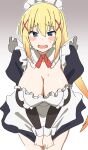  1girl alternate_costume blonde_hair blue_eyes blush_stickers breasts cleavage commentary darkness_(konosuba) embarrassed enmaided frills furrowed_brow gradient_background grey_background hair_between_eyes hair_ornament highres juliet_sleeves kono_subarashii_sekai_ni_shukufuku_wo! large_breasts long_hair long_sleeves looking_at_viewer maid maid_headdress nervous_sweating noyama_takenoko open_mouth puffy_sleeves simple_background skirt skirt_tug solo sweat very_long_hair x_hair_ornament 