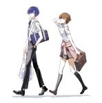  1boy 1girl arm_up bag black_footwear black_pants black_ribbon black_skirt black_socks breasts brown_bag brown_eyes brown_footwear brown_hair cardigan cardigan_around_waist choker clothes_around_waist collared_shirt digital_media_player earphones from_side full_body gekkoukan_high_school_uniform hair_over_one_eye hand_in_pocket highres holding holding_bag kneehighs looking_at_another medium_breasts neck_ribbon open_mouth pants parted_lips persona persona_3 persona_3_reload pink_cardigan pleated_skirt profile ribbon school_uniform shirt shoes shopping_bag short_hair short_sleeves shoulder_bag skirt socks summer_uniform takeba_yukari walking white_background white_choker white_shirt yosora yuuki_makoto_(persona_3) 