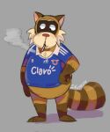 2024 anthro biped brown_body clothing hi_res ikoruh male mammal procyonid raccoon rascal_(robot_dreams) robot_dreams shirt simple_background slightly_chubby smoking solo topwear