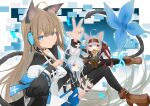  3girls absurdres agehachou_tsukushi ahoge animal_ears asymmetrical_legwear black_thighhighs blue_eyes blue_nails boots brown_hair bug butterfly cat_ears cat_tail food grey_hair headphones highres holding holding_scythe jacket long_hair looking_at_viewer mini_person minigirl multiple_girls open_clothes open_jacket original red_eyes scythe single_thigh_boot stella_quartzheart tail taiyaki thigh_boots thighhighs wagashi 