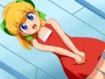  1girl blonde_hair blue_eyes blush capcom dress konpeto ponytail ribbon rockman rockman_(classic) roll 